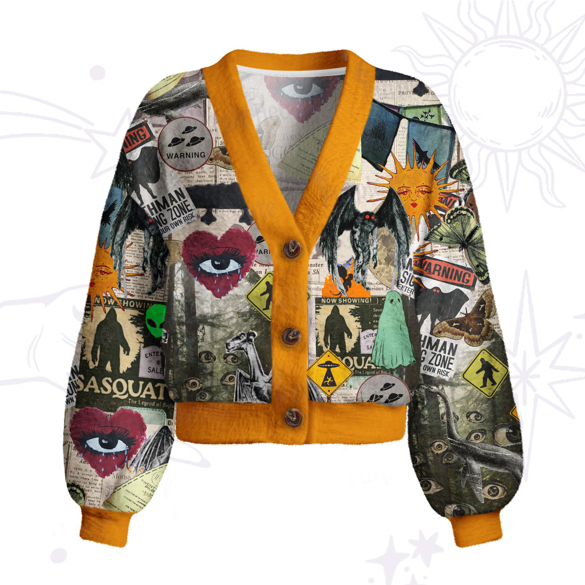 Purplehecate Cryptid Warning Collage Cardigan Sweaters