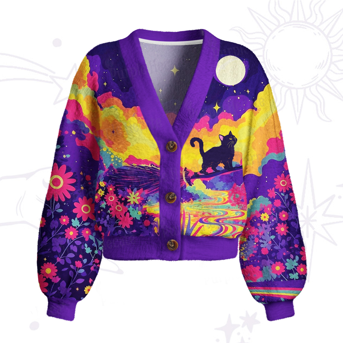 Purplehecate Midnight Cosmic Cat Fantasy Cardigan Sweaters