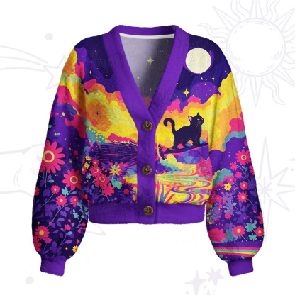 Purplehecate Midnight Cosmic Cat Fantasy Cardigan Sweaters