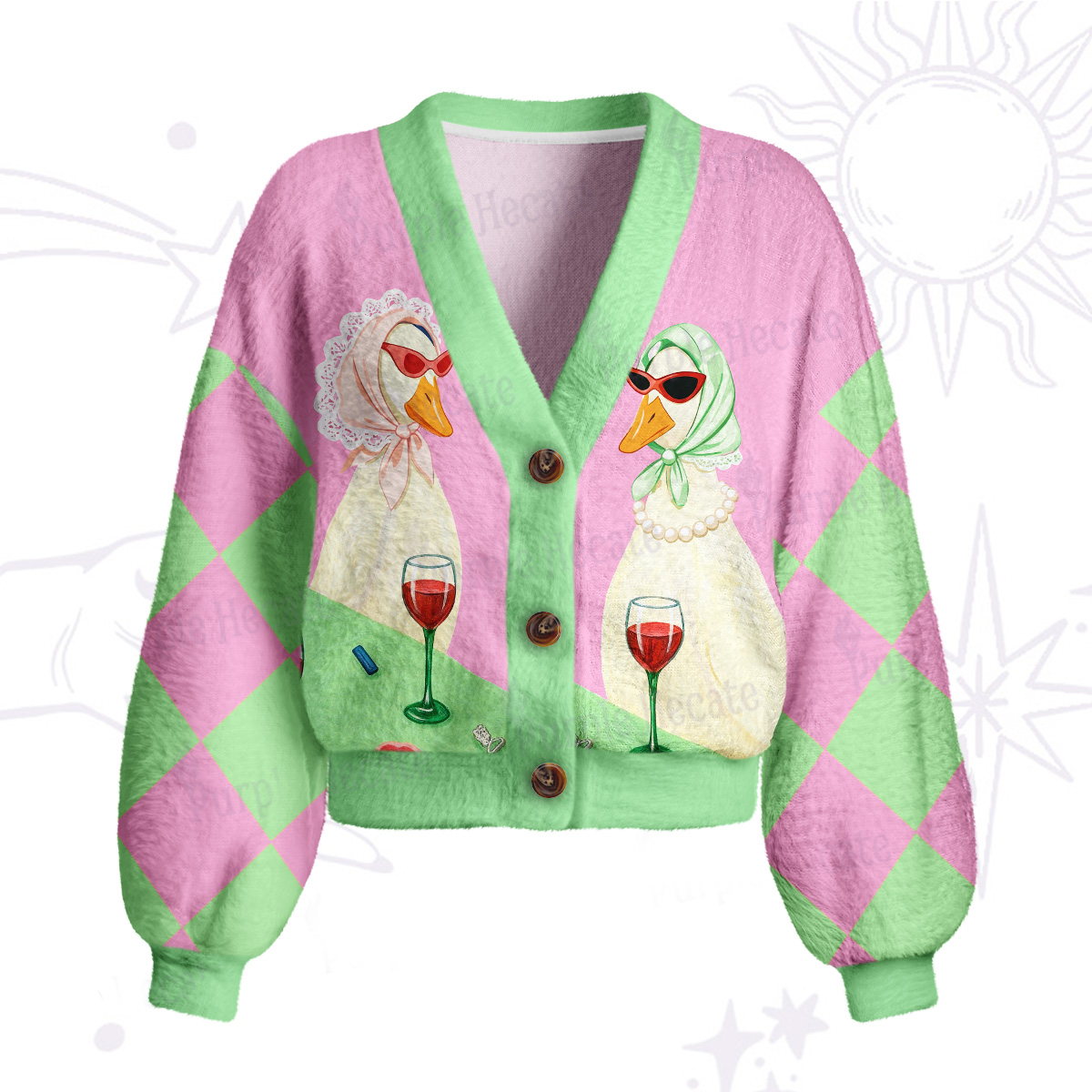 Purplehecate Tipsy Goose Wine Party Cardigan Sweaters