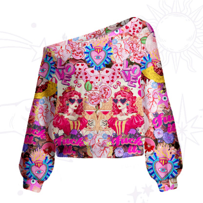 Purplehecate Queen of Hearts Angel Graphic One Shoulder Sweaters