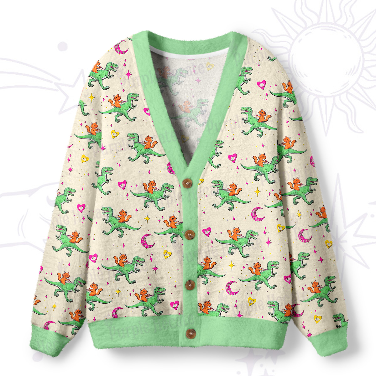 Purplehecate Witch Cat Rides the Dino Ugly Cardigan Sweaters