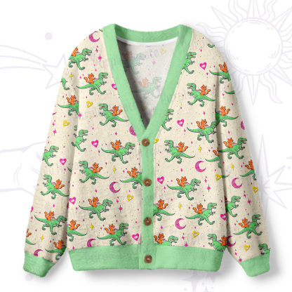 Purplehecate Witch Cat Rides the Dino Ugly Cardigan Sweaters