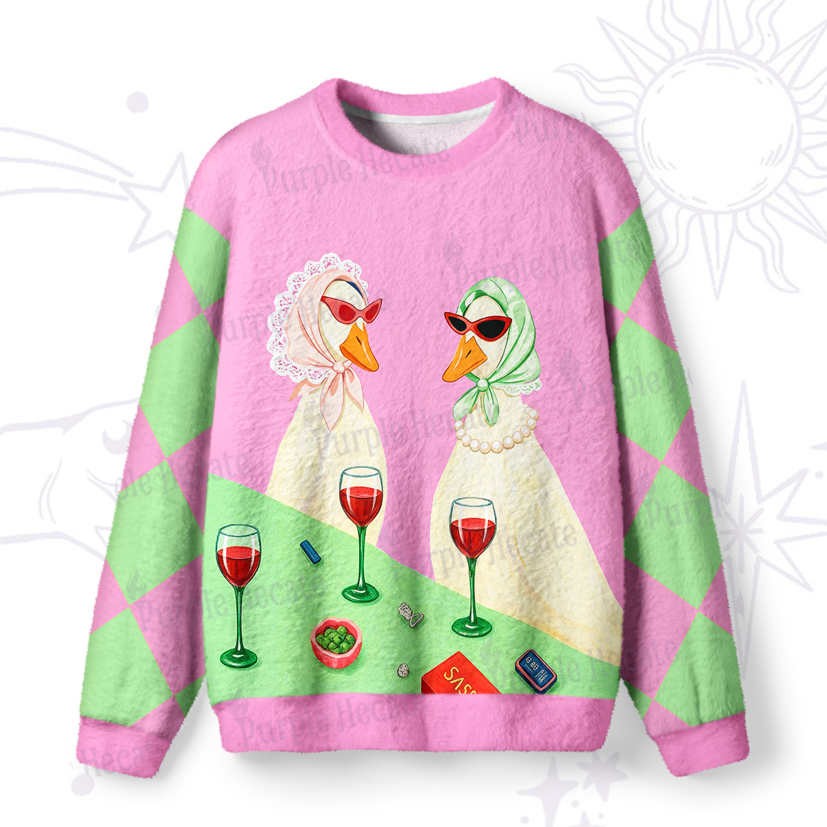 Purplehecate Tipsy Goose Wine Party Fuzzy Ugly Sweatshirt