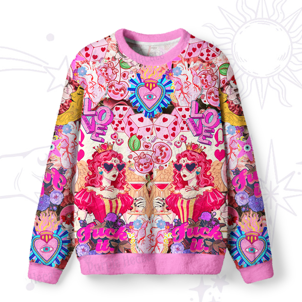 Purplehecate Queen of Hearts Angel Graphic Fuzzy Ugly Sweatshirt