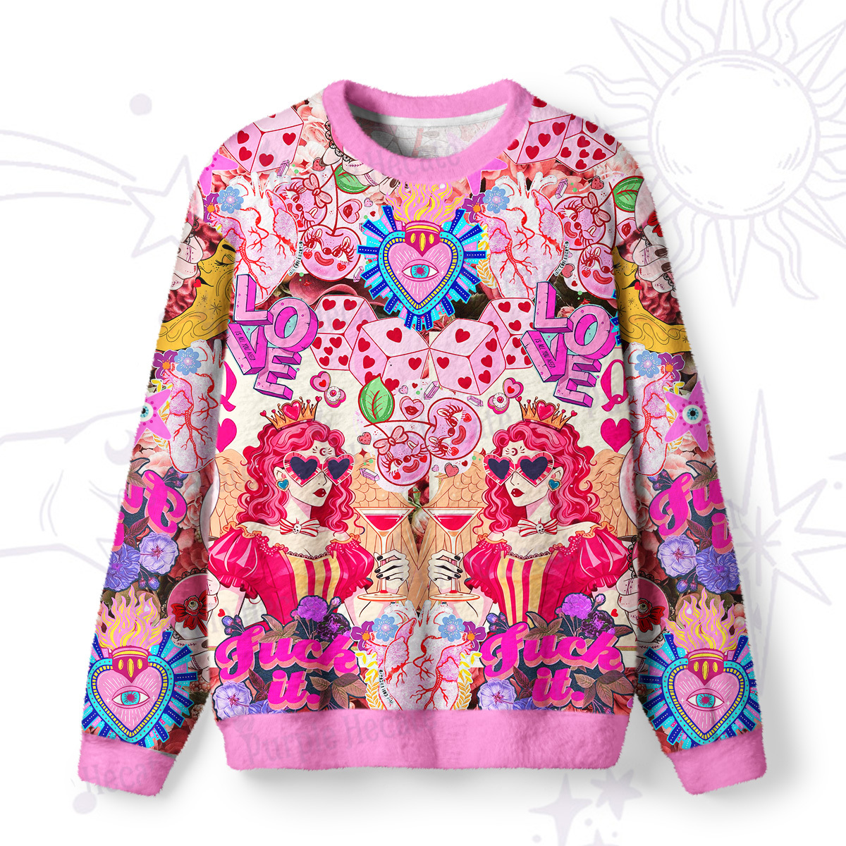 Purplehecate Queen of Hearts Angel Graphic Fuzzy Ugly Sweatshirt