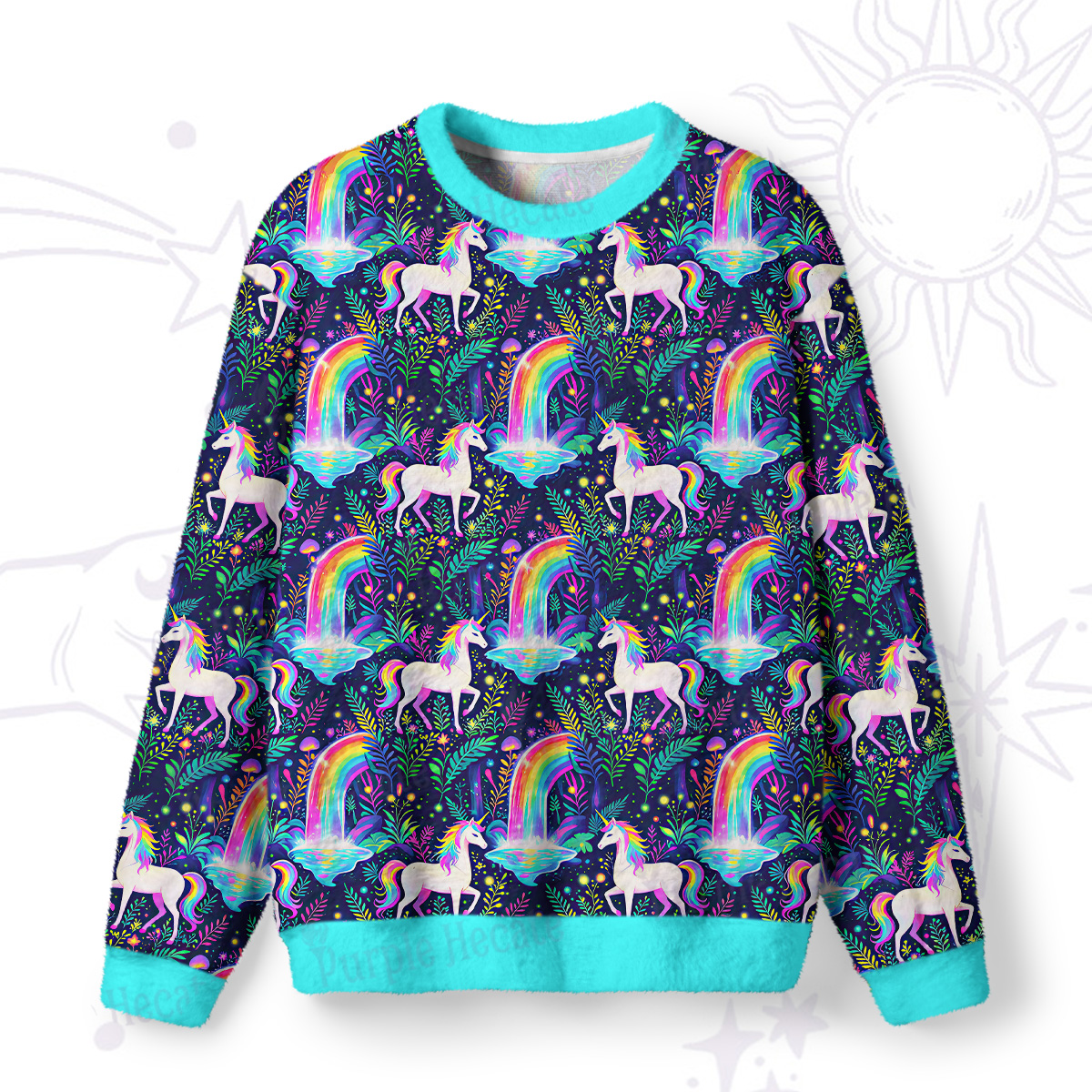 Purplehecate Rainbow Forest Unicorn Fuzzy Ugly Sweatshirt