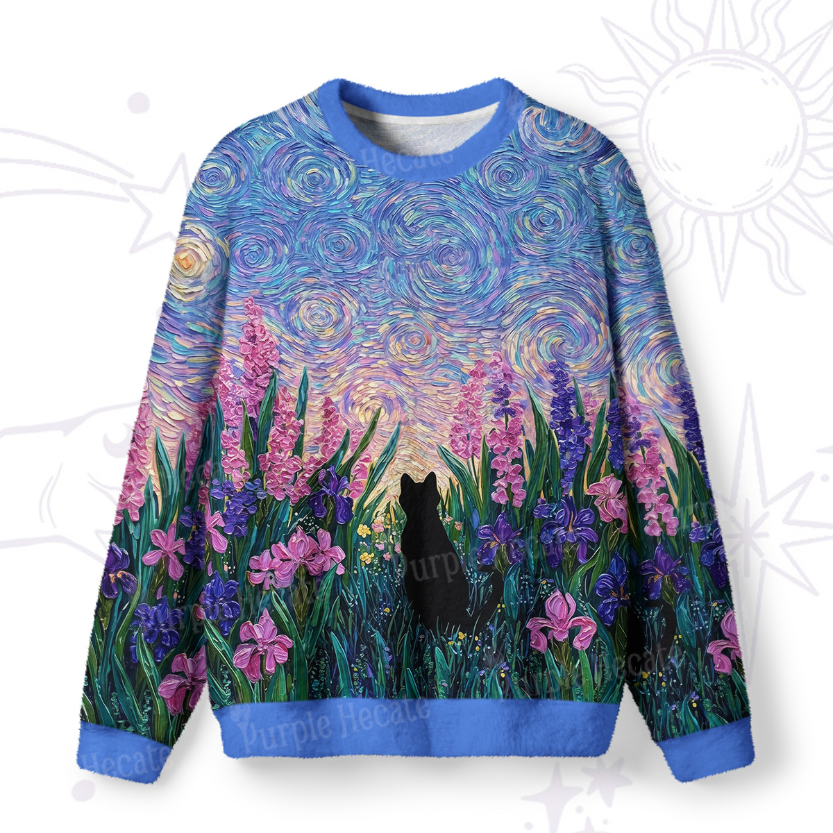 Purplehecate Starry Mystic Night Garden Cat Fuzzy Ugly Sweatshirt