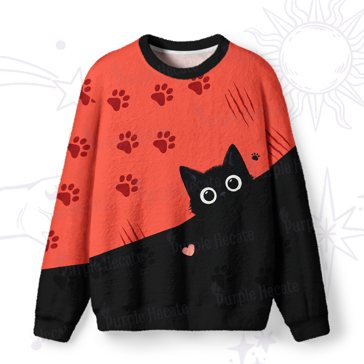 Purplehecate Peekaboo Black Cat Paw Fuzzy Ugly Sweatshirt