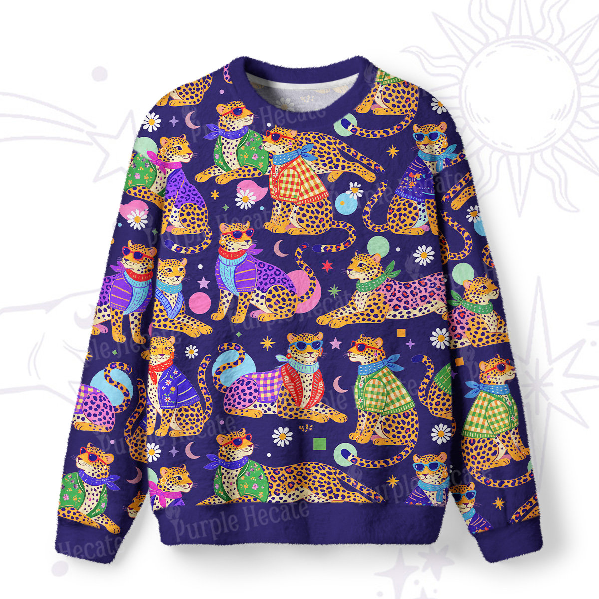 Purplehecate Groovy Jungle Rainbow Leopards Fuzzy Ugly Sweatshirt