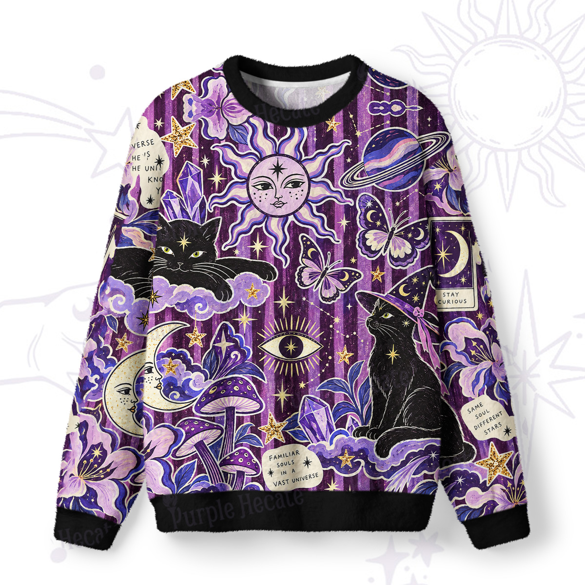 Purplehecate Moon Whispers Black Cat Fuzzy Ugly Sweatshirt