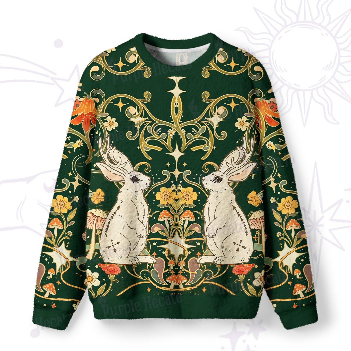Purplehecate Antlered White Rabbit Secret Forest Fuzzy Ugly Sweatshirt