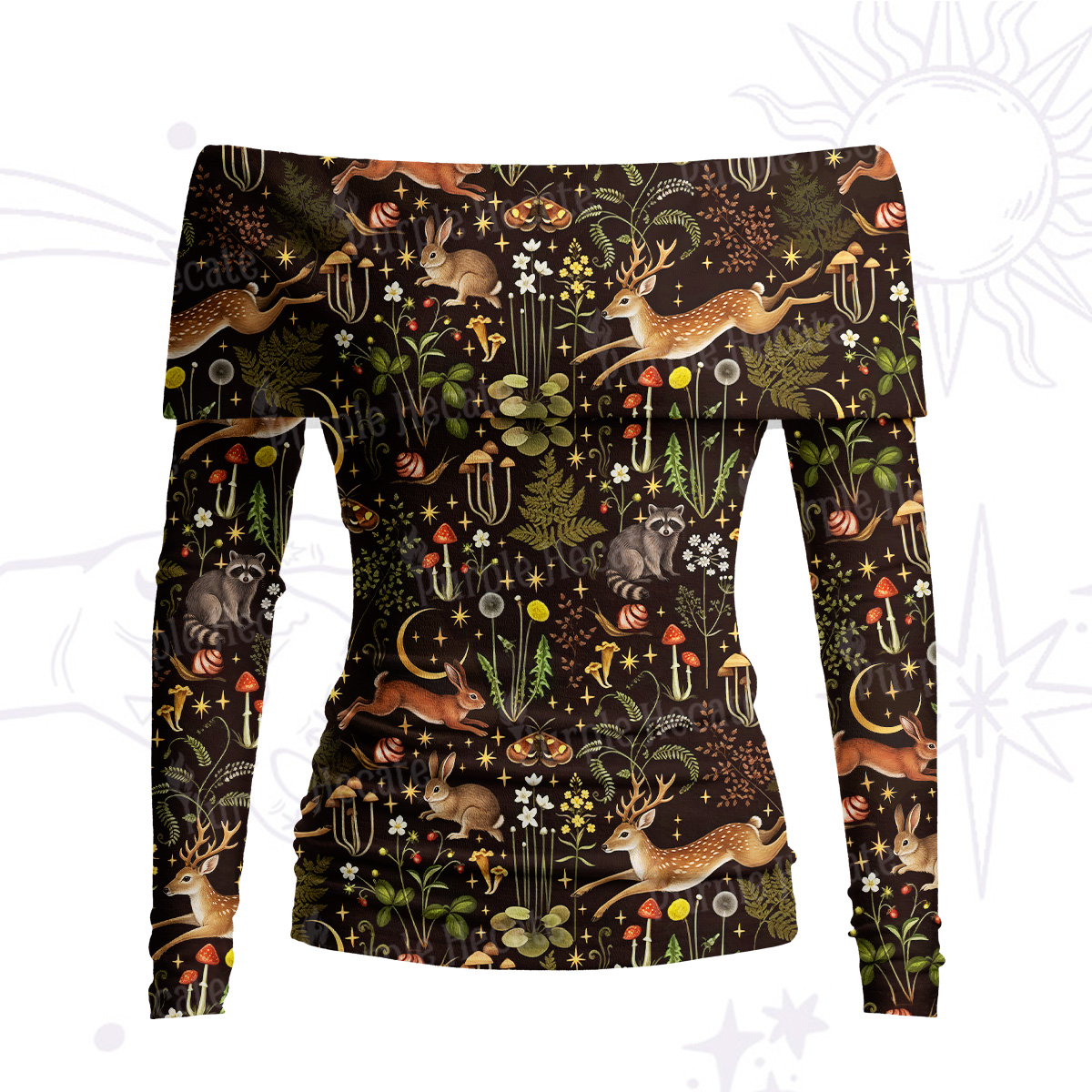 Purplehecate Enchanted Forest Animals Off Shoulder Long Sleeve Knit Top