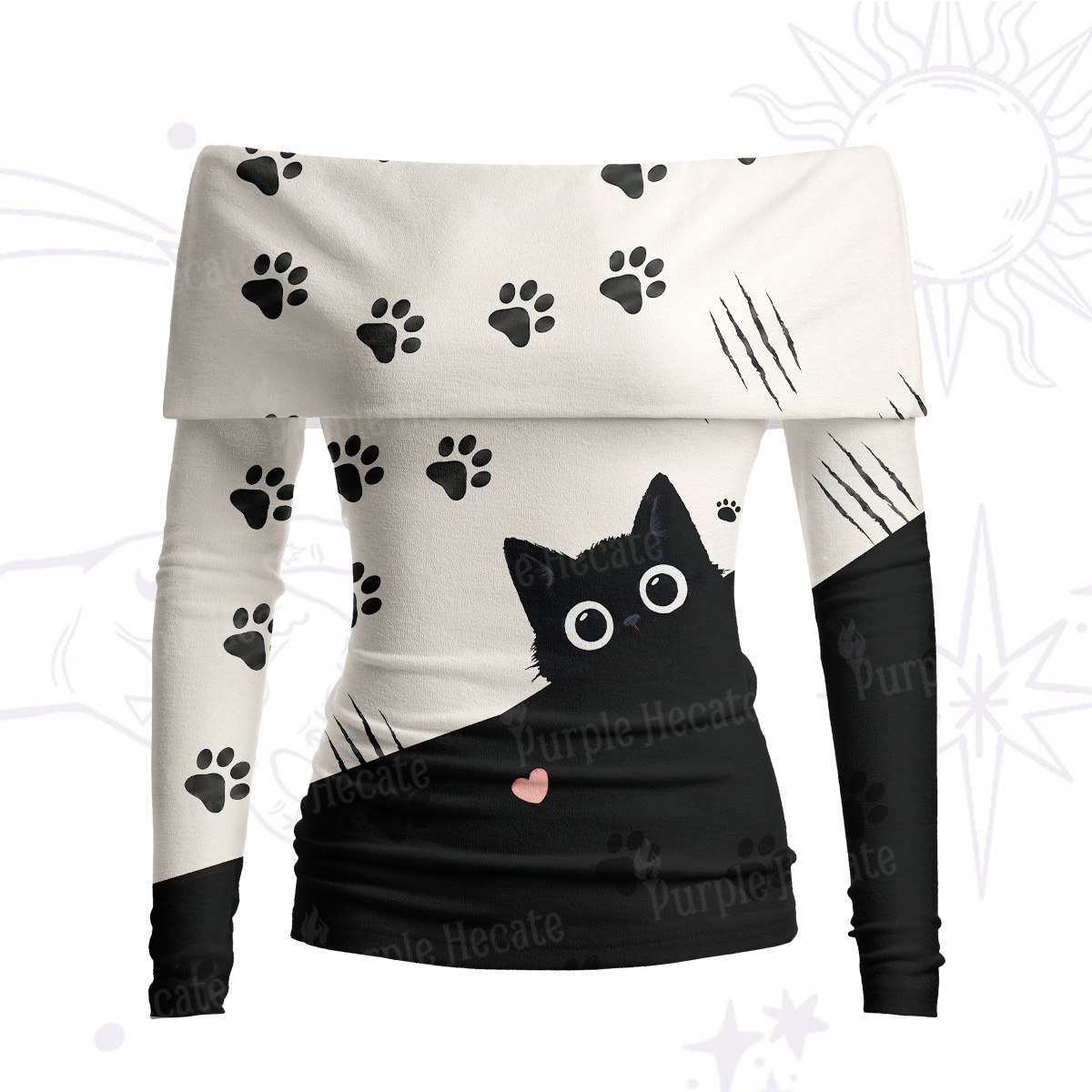 Purplehecate Peekaboo Black Cat Paw Off Shoulder Long Sleeve Knit Top