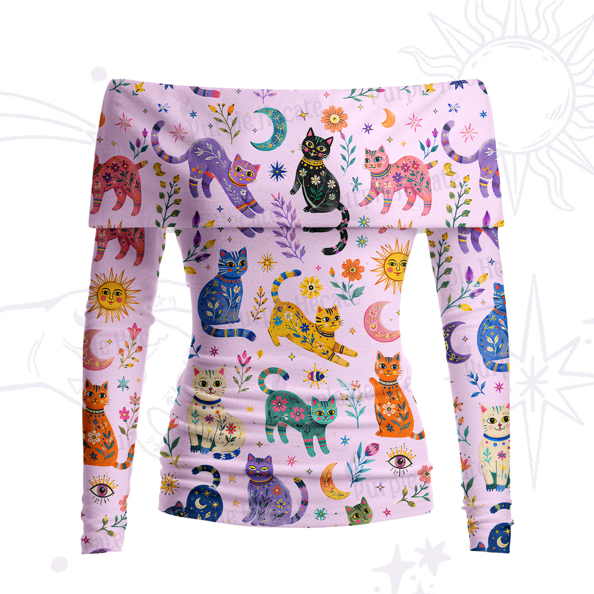 Purplehecate Rainbow Magic Cats Off Shoulder Long Sleeve Knit Top