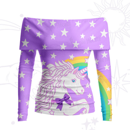Purplehecate Dreamy Rainbow Unicorn Off Shoulder Long Sleeve Knit Top