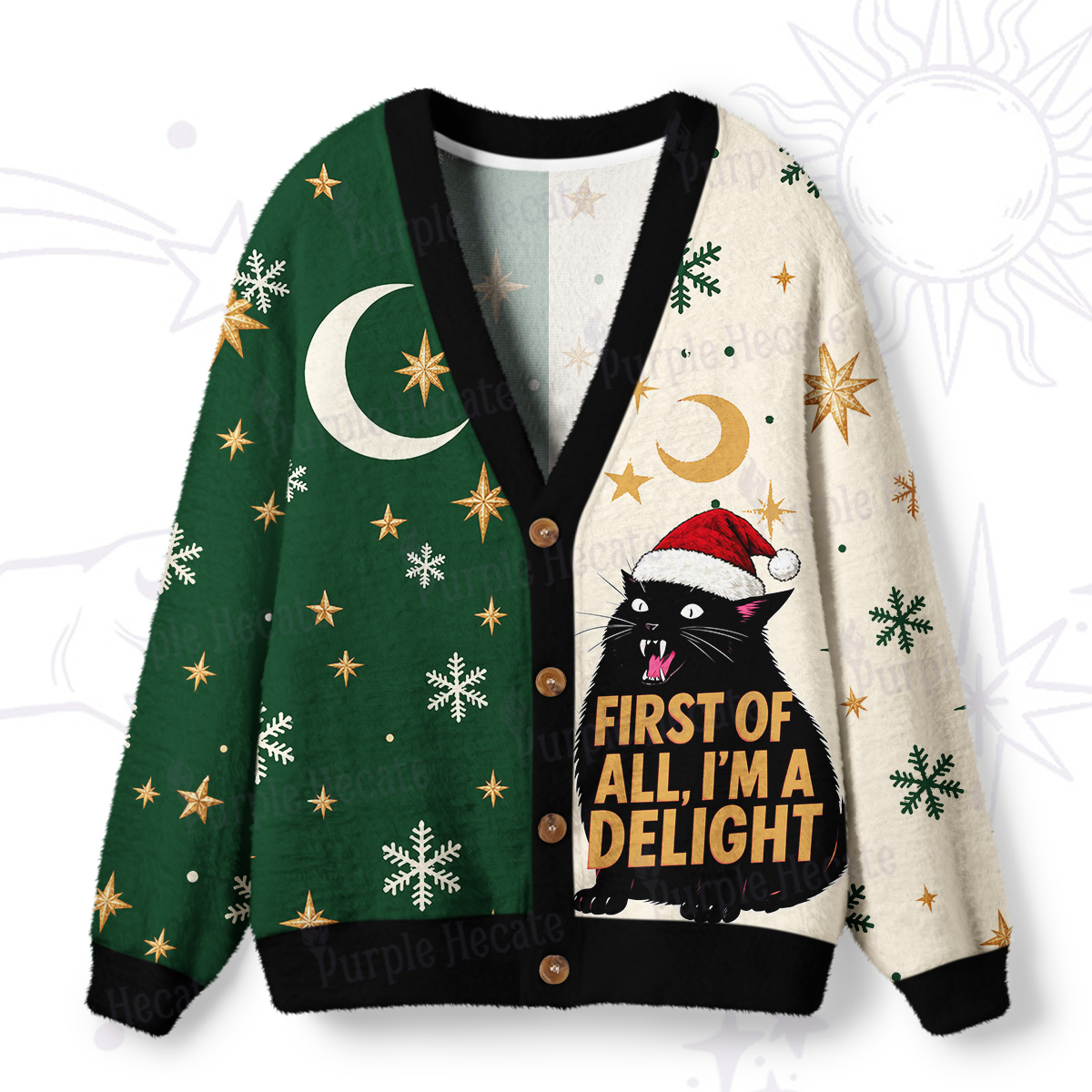 Purplehecate First Of All I'm A Delight Cat Christmas Ugly Cardigan Sweaters