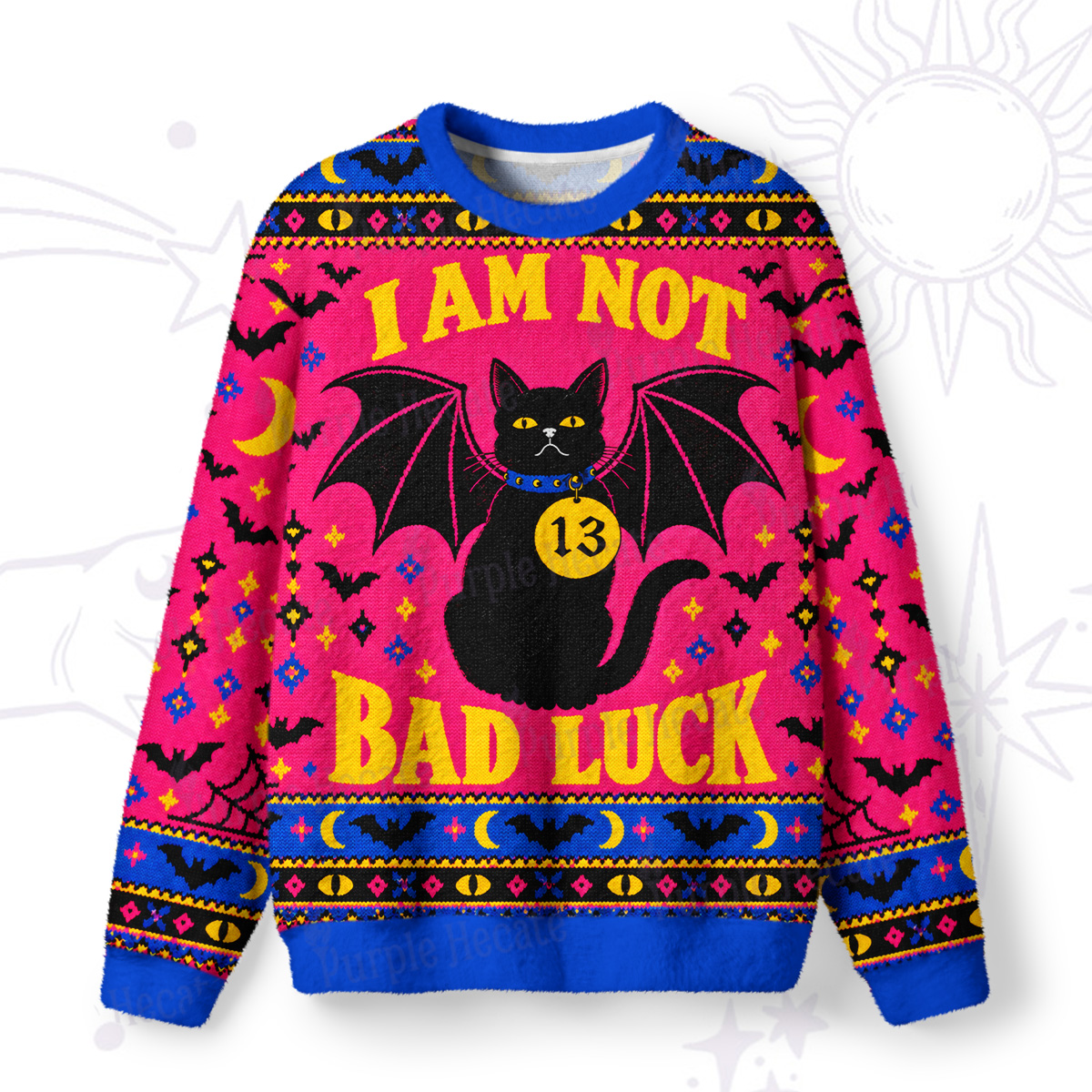 Purplehecate I Am Not Bad Luck Bat Wing Cat Fuzzy Ugly Sweatshirt