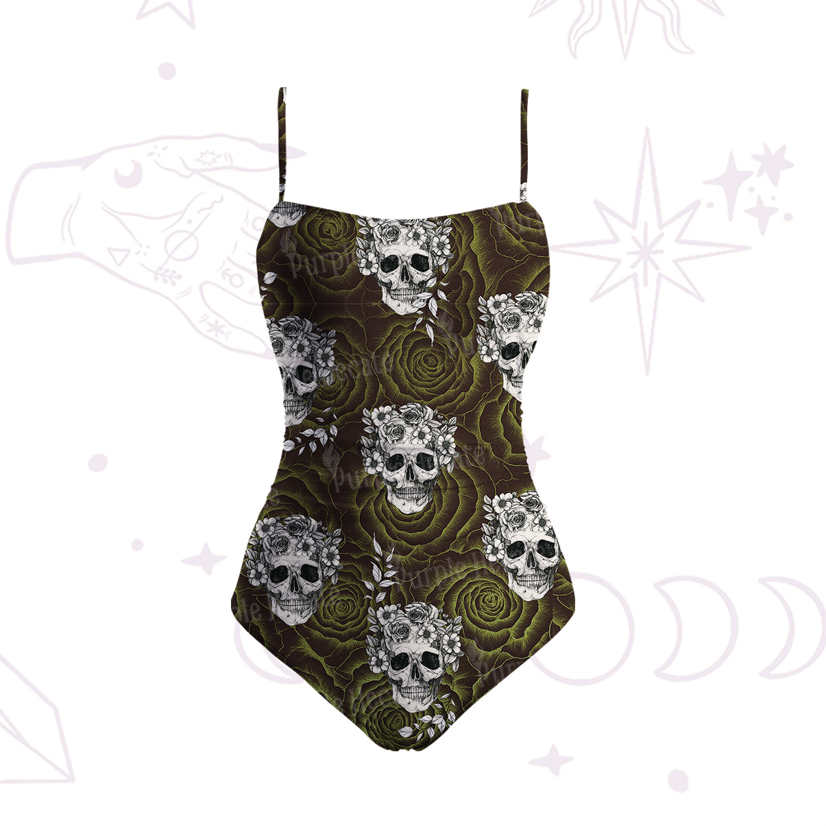 Purplehecate Rose Skull Slim-Strap Swimsuit
