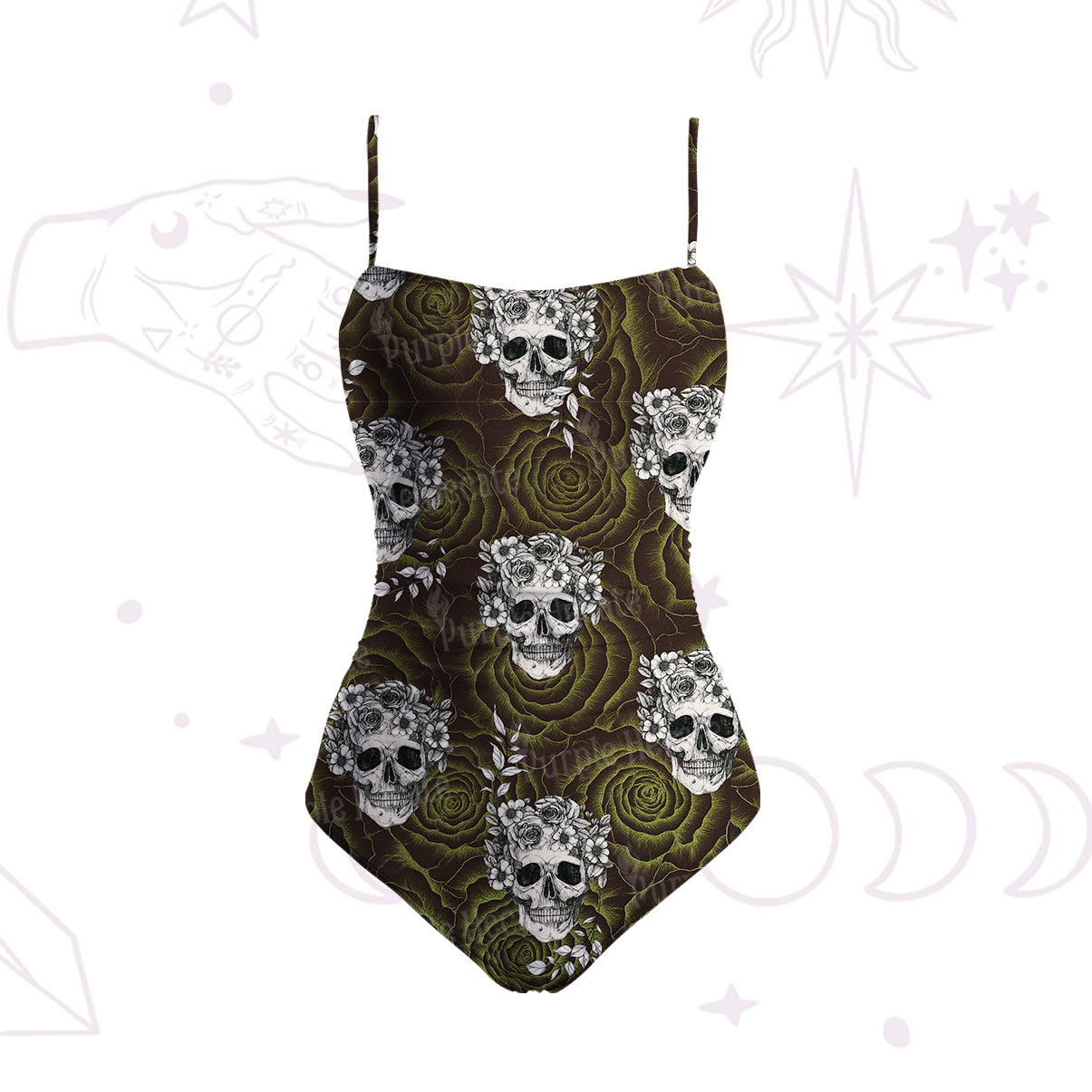 Purplehecate Rose Skull Slim-Strap Swimsuit