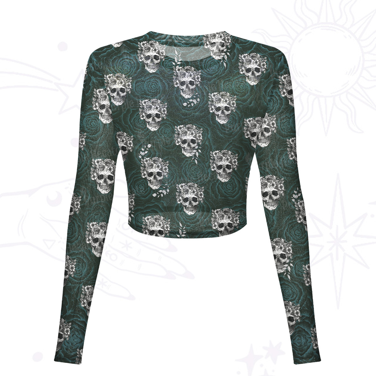 Purplehecate Rose Skull Mesh Long Sleeve Crop Top
