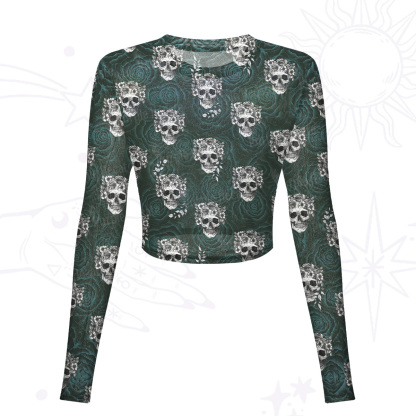 Purplehecate Rose Skull Mesh Long Sleeve Crop Top