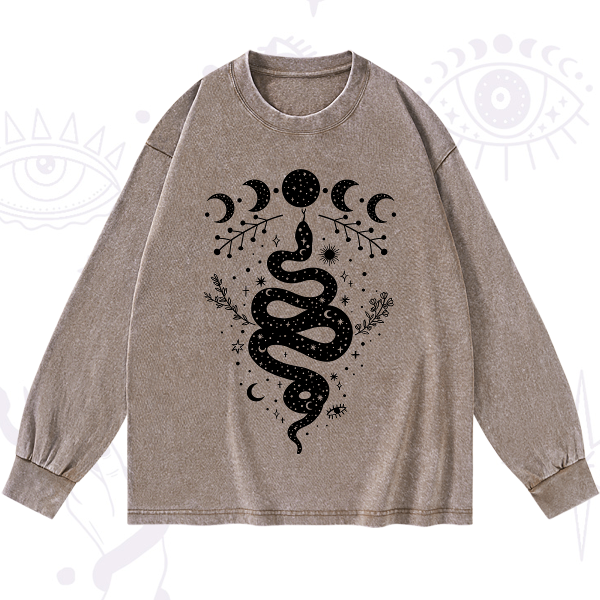 Purplehecate Snake And Moon Phase Comfort Washed Long Sleeve Shirt