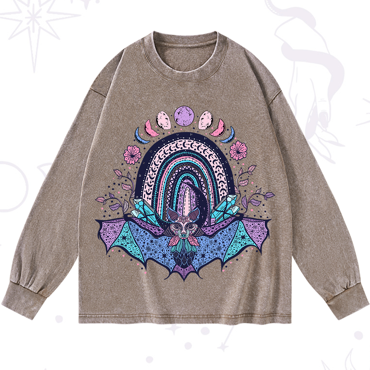 Purplehecate Moon Phase Bat Washed Long Sleeve Shirt