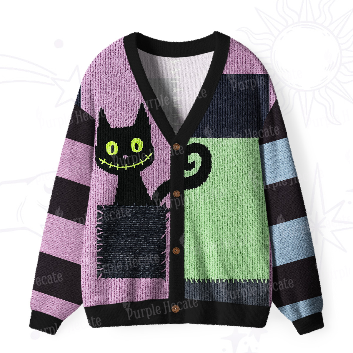 Purplehecate Monster Black Cat Ugly Cardigan Sweaters