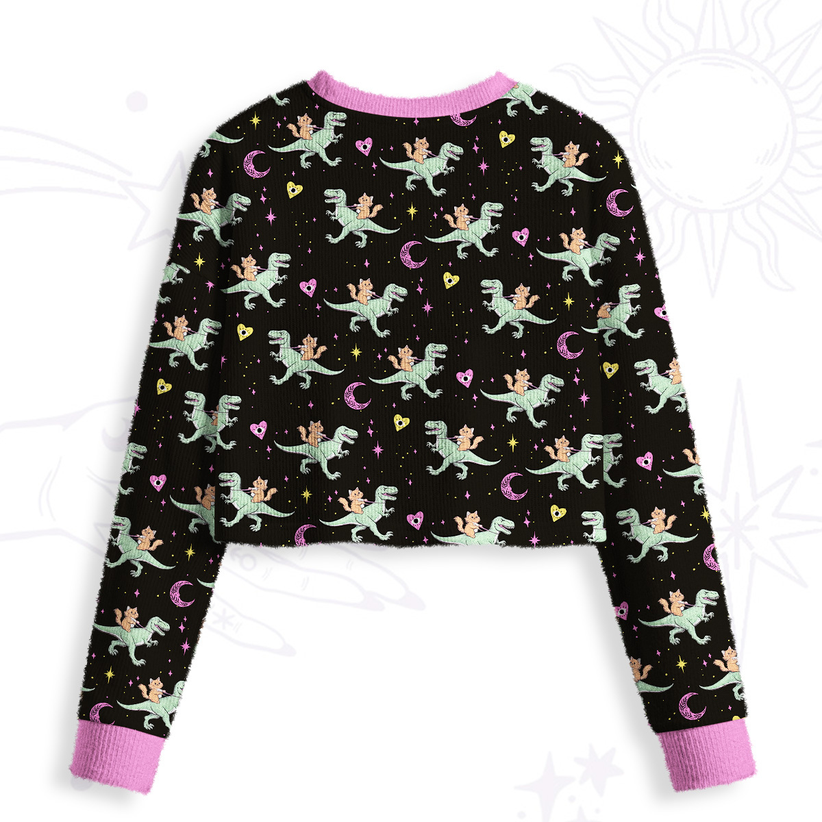 Purplehecate Witch Cat Rides the Dino Crop Fuzzy Ugly Sweatshirt