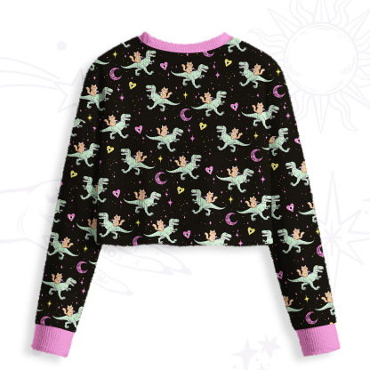 Purplehecate Witch Cat Rides the Dino Crop Fuzzy Ugly Sweatshirt