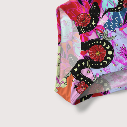 Purplehecate Enchanted Black Serpent & Floral Pattern Slim-Strap Swimsuit