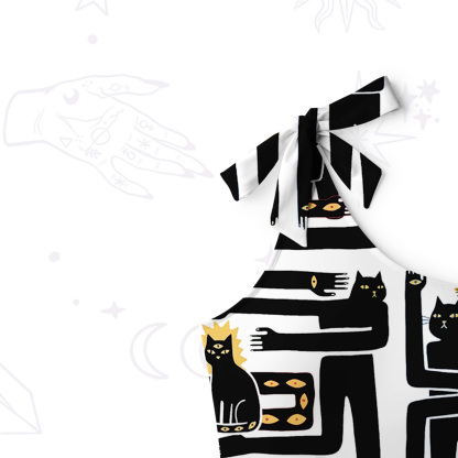 Purplehecate Whimsical Abstract Cat One-Shoulder One-Piece Swimsuit