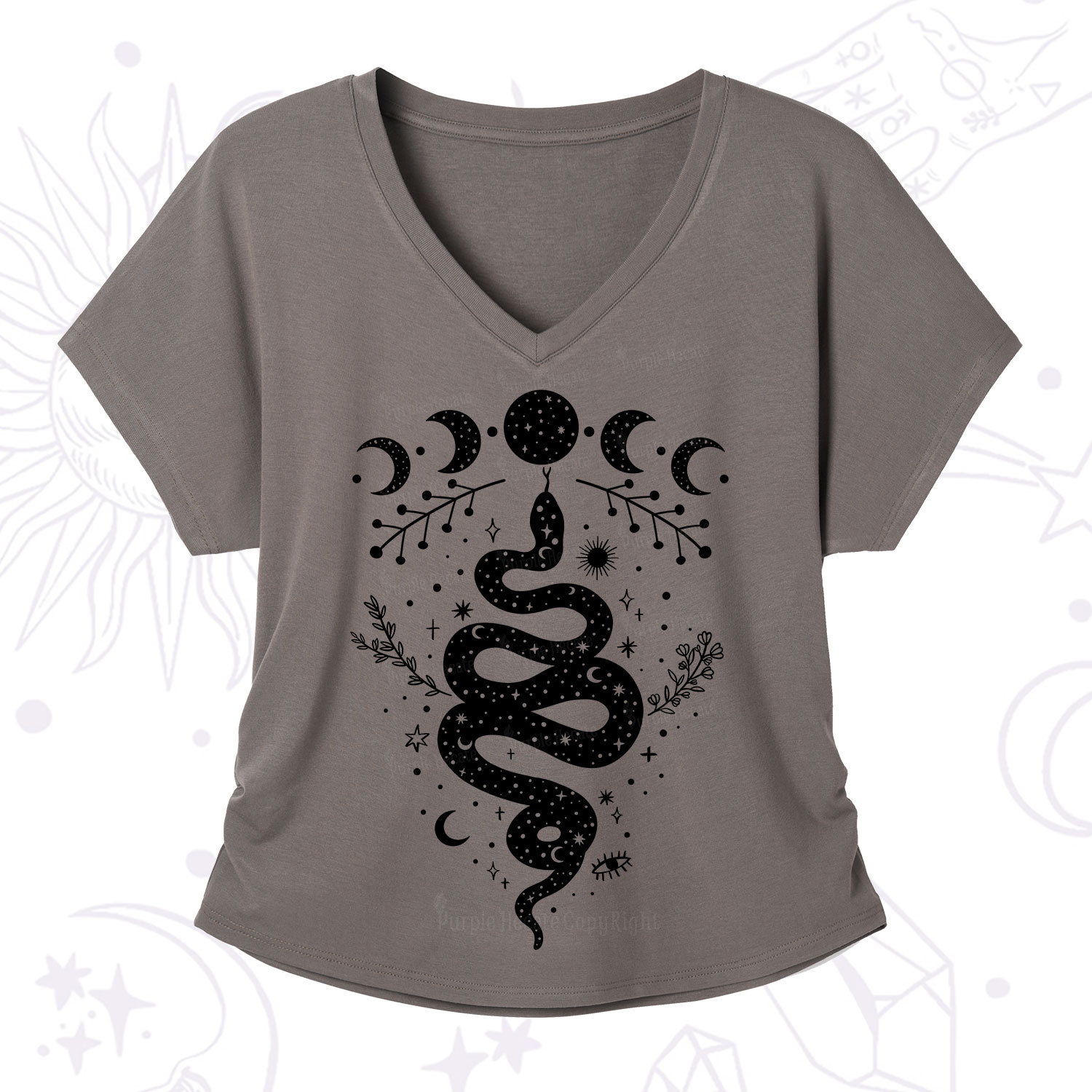 Purplehecate Snake And Moon Phase Comfort V-Neck T-Shirt