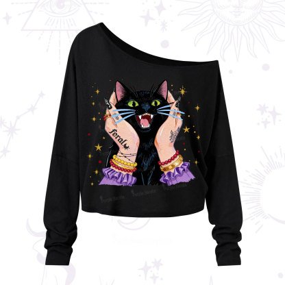 Purplehecate Feral Cat Magic One Shoulder Long Sleeve Shirt