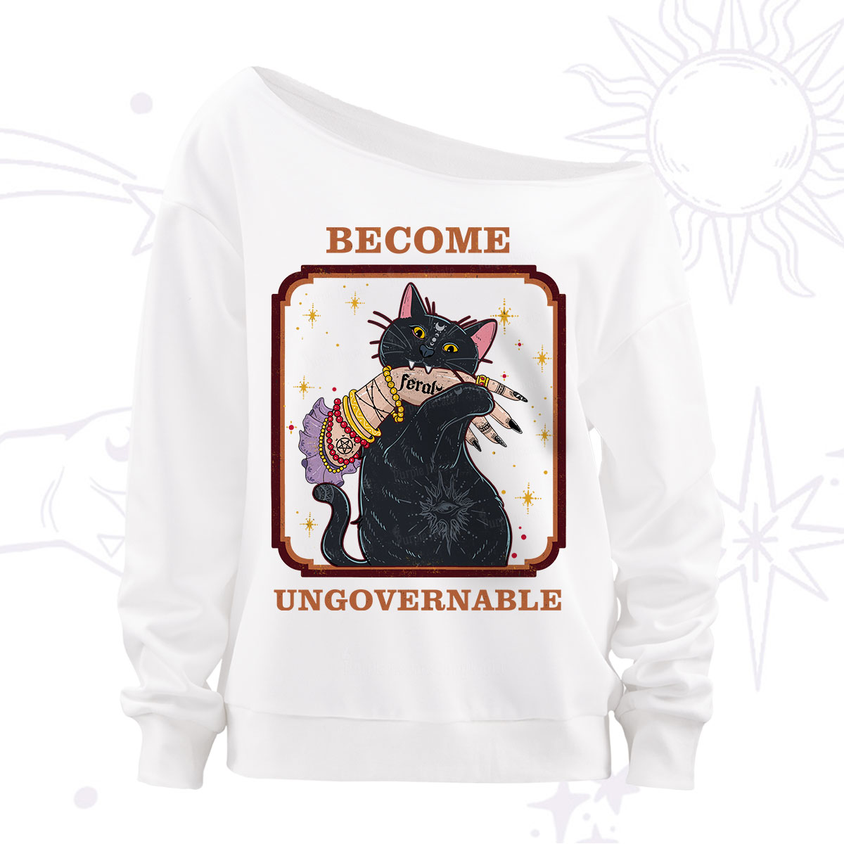 Purplehecate Become Ungovernable Cat Off The Shoulder Sweatshirt