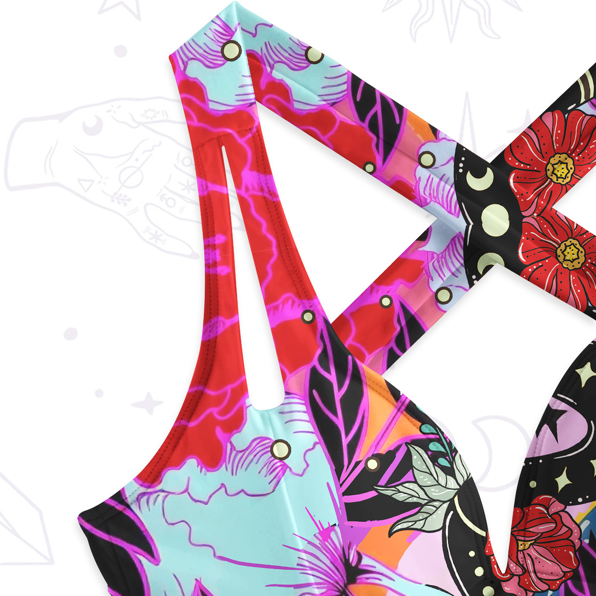 Purplehecate Enchanted Black Serpent & Floral Pattern One-Piece Swimsuit