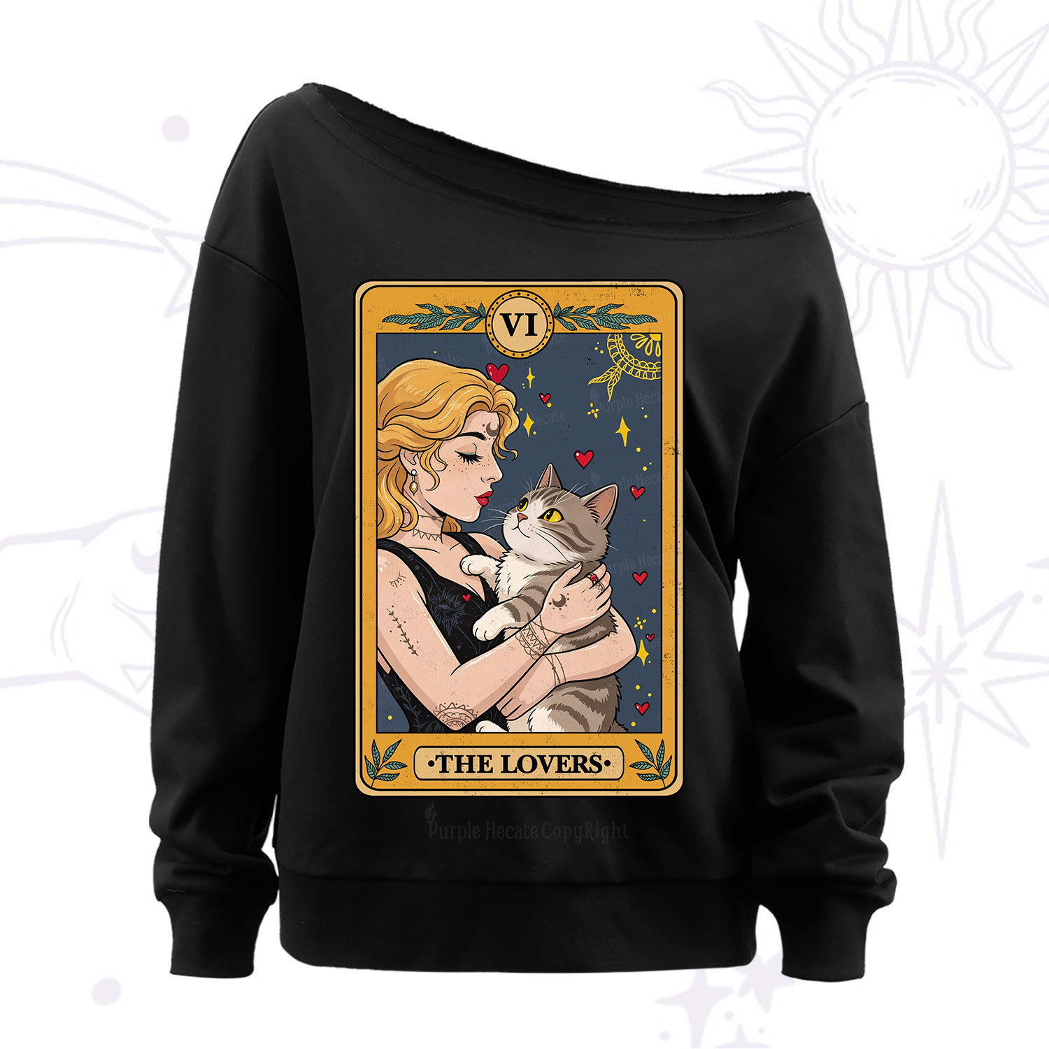 Purplehecate The Lovers Tarot for Cat Lovers Off The Shoulder Sweat