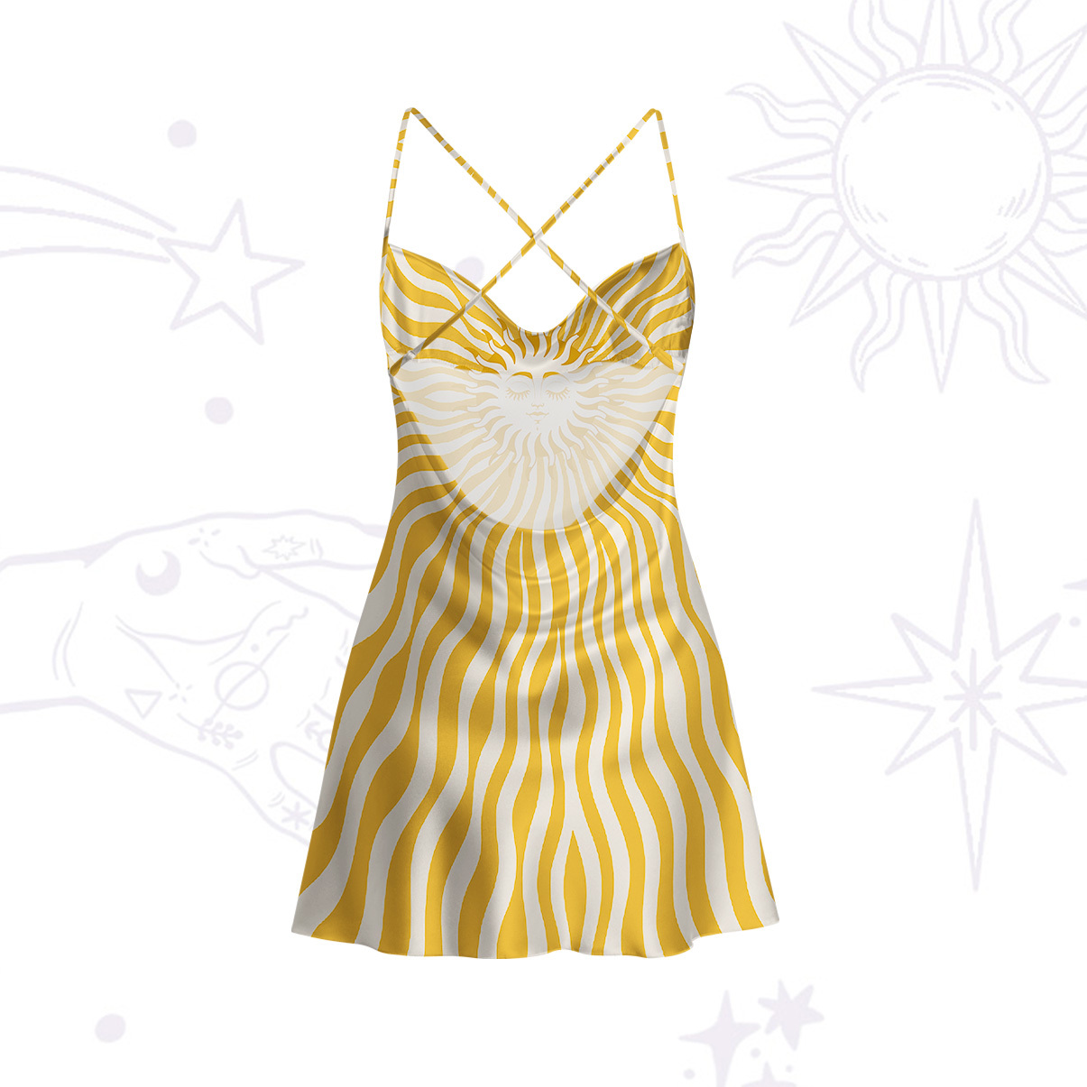 Purplehecate Radiance of the Sun Satin Cross Back Mini Dress