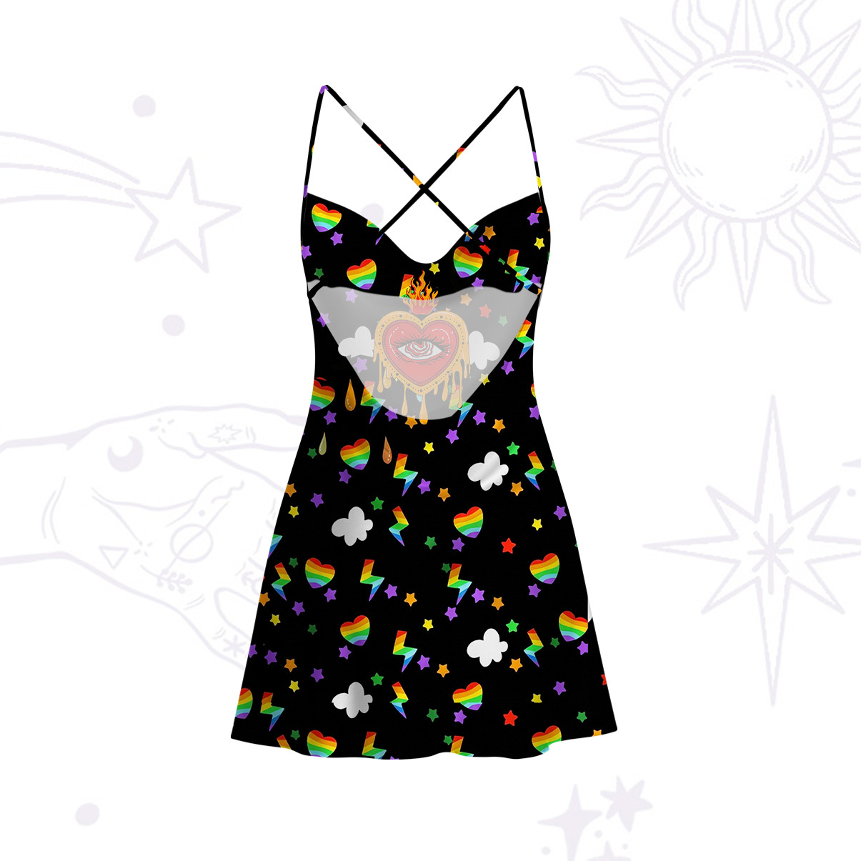 Purplehecate Rainbow Sacred Heart All Seeing Eye Pride Satin Cross Back Mini Dress