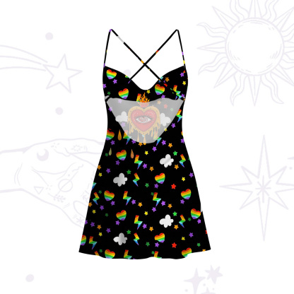 Purplehecate Rainbow Sacred Heart All Seeing Eye Pride Satin Cross Back Mini Dress