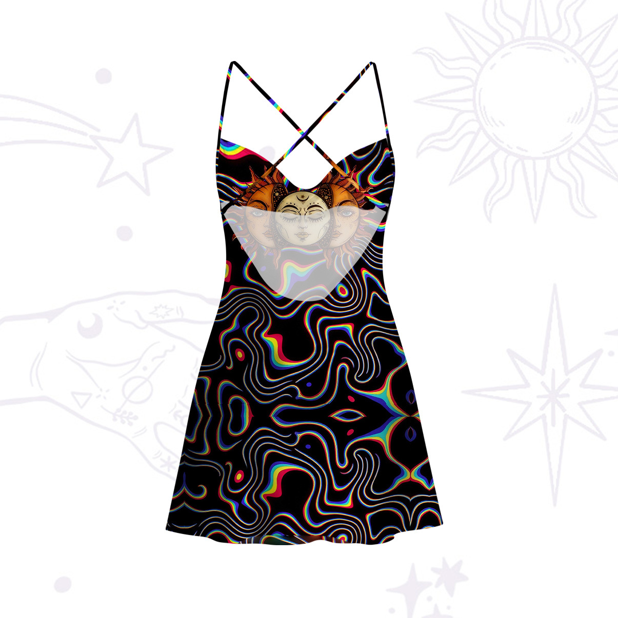 Purplehecate Psychedelic Sun and Moon Satin Cross Back Mini Dress
