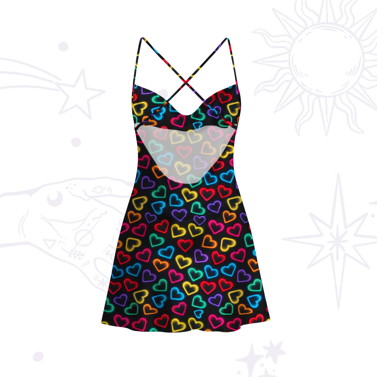 Purplehecate Neon Heart Satin Cross Back Mini Dress