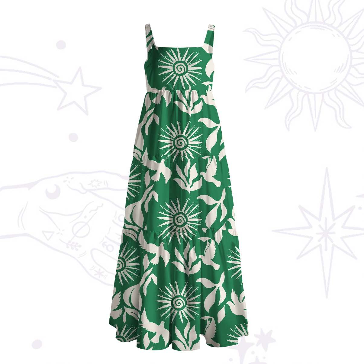 Purplehecate Mystic Sunbirds Wide Straps Maxi Dress