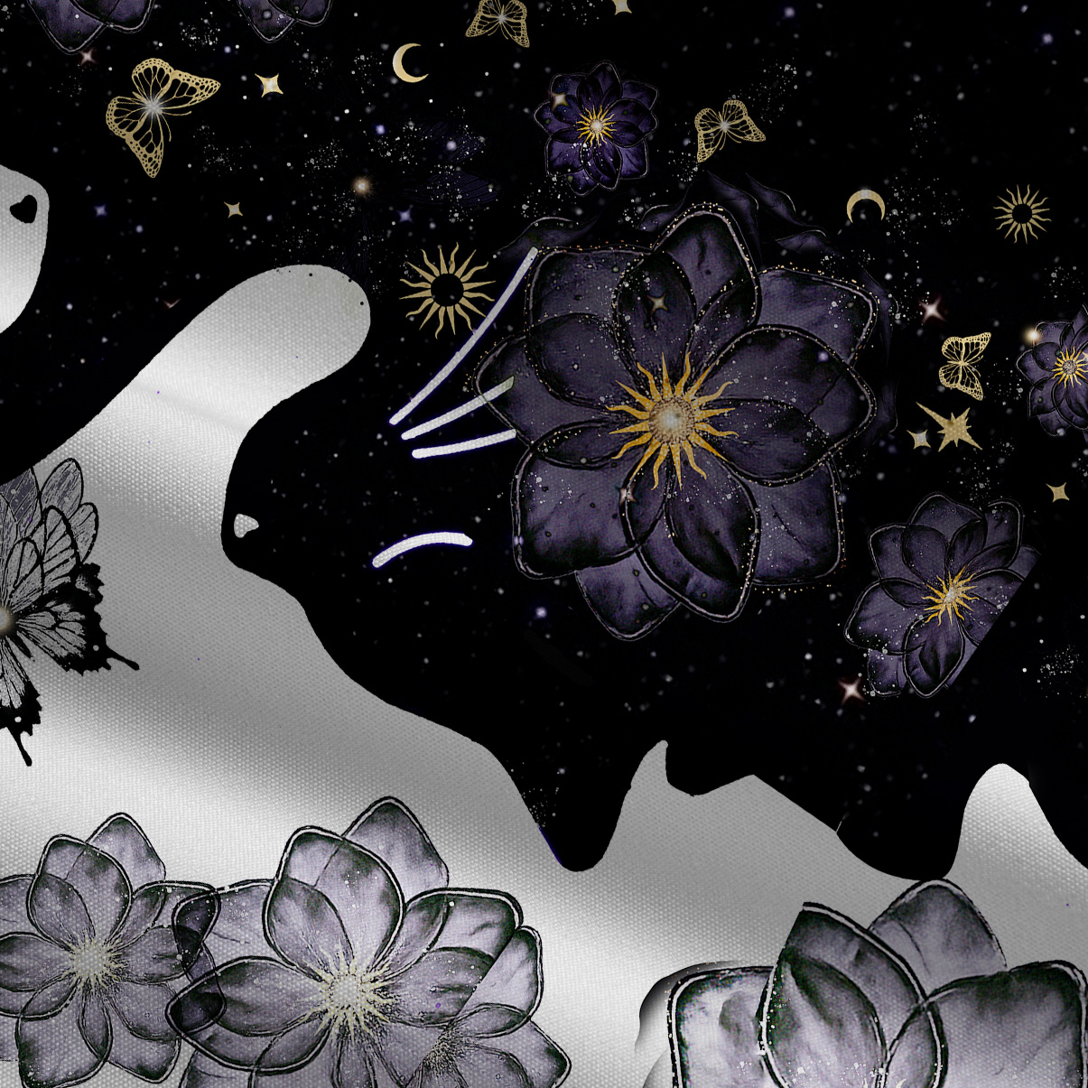 Purplehecate Starlit Cats & Butterflies Tie Shoulder Maxi Dress