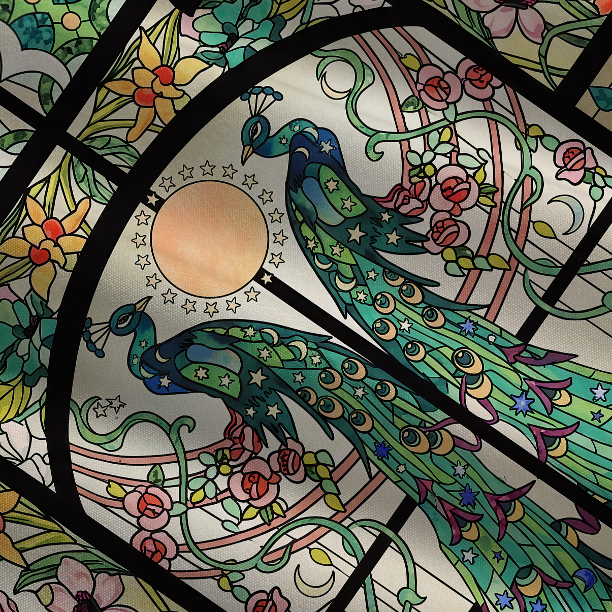 Purplehecate Mystic Peacock Stained Glass Tie Shoulder Maxi Dress