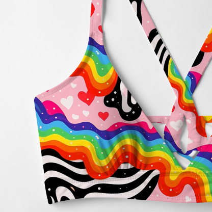 Purplehecate Groovy Melty Rainbow Hearts Wavy Crisscross Tie-Back Bikini Set