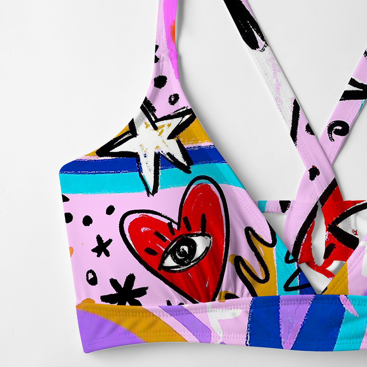 Purplehecate Cosmic Love Eyes Graffiti Crisscross Tie-Back Bikini Set
