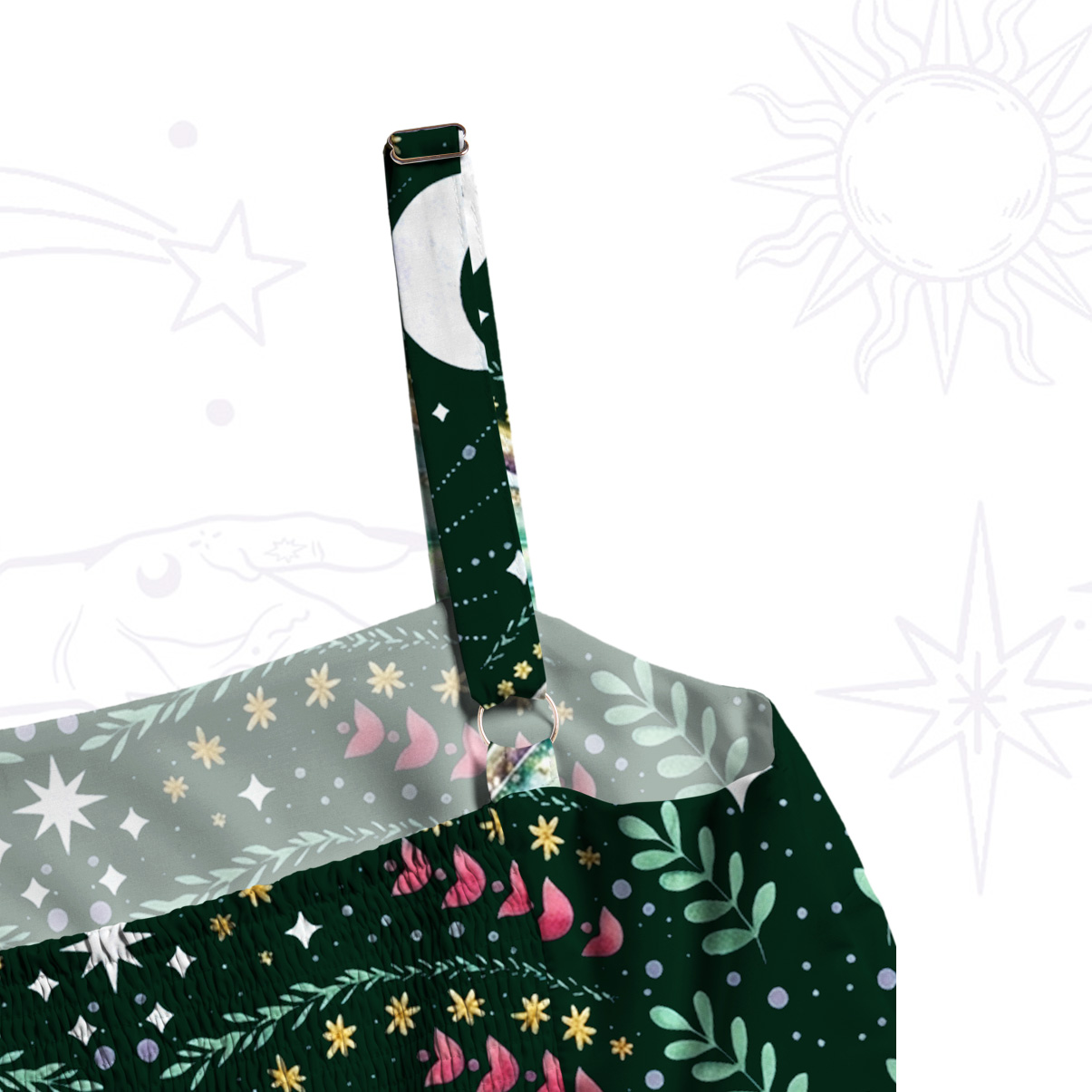 Purplehecate Green Moth Moonspell Wide Straps Maxi Dress