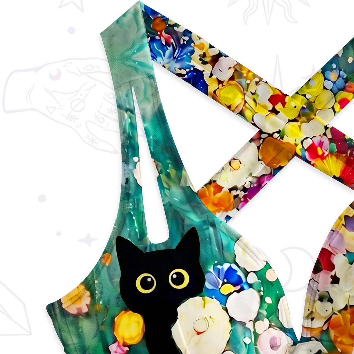 Purplehecate Fluffy Black Cat in Colorful Flower Field One-Piece Swimsuit